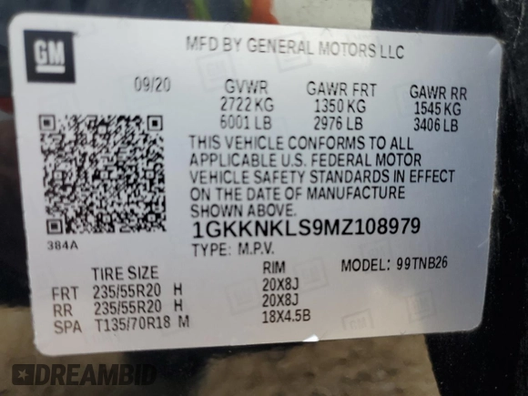 2021 GMC Acadia SLE with VIN 1GKKNKLS9MZ108979, listed as a Copart auction lot 84821504 with 34,164 mi miles and Salvage Title. Bid and sale history available at DreamBid. Image 13.