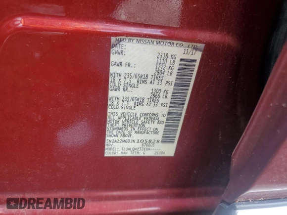 2018 Nissan Murano SV z VIN 5N1AZ2MG0JN105828, wystawiony jako Copart lot #52940955 z przebiegiem 173 845 mil mil oraz Szkoda całkowita • Salvage title. Historia ofert i sprzedaży dostępna na DreamBid. Obrazek 13.