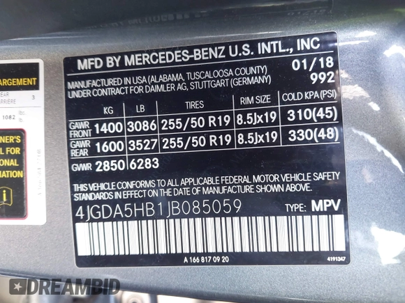 2018 Mercedes-Benz GLE 350 with VIN 4JGDA5HB1JB085059, listed as a IAAI auction lot 41957249 with 77,733 mi miles and . Bid and sale history available at DreamBid. Image 9.