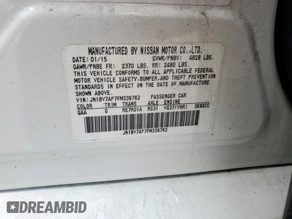 2015 Infiniti Q50 Premium with VIN JN1BV7AP7FM339762, listed as a Copart auction lot 60241965 with 94,278 mi miles and Salvage title. Bid and sale history available at DreamBid. Image 12.