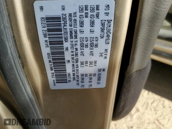 2001 Chrysler Town & Country Limited with VIN 2C8GP64L01R315064, listed as a Copart auction lot 50828055 with 202,113 mi miles and Salvage Title. Bid and sale history available at DreamBid. Image 13.