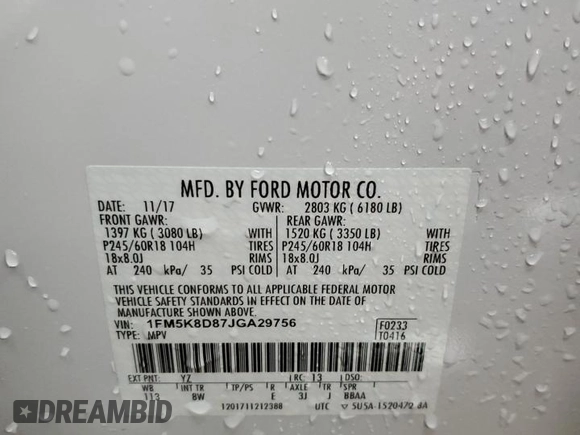 2018 Ford Explorer XLT with VIN 1FM5K8D87JGA29756, listed as a Copart auction lot 47776055 with 56,506 mi miles and Clean Title. Bid and sale history available at DreamBid. Image 14.