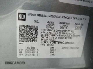 2021 Chevrolet Silverado 1500 LT with VIN 3GCUYDET5MG398568, listed as a Copart auction lot 87796835 with 68,396 mi miles and Salvage Title. Bid and sale history available at carsss.com. Image 12.