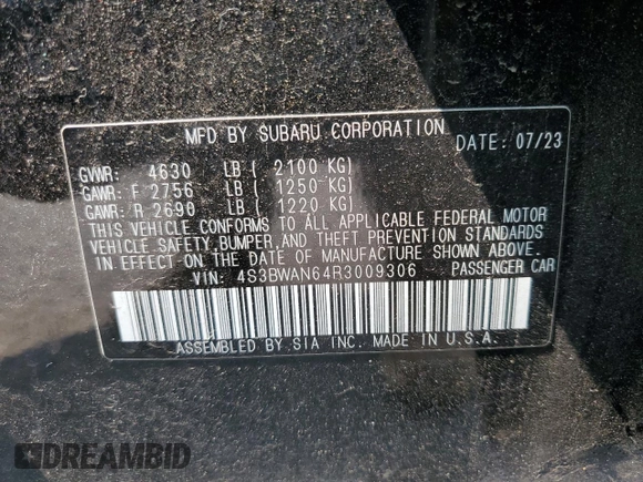 2024 Subaru Legacy Limited with VIN 4S3BWAN64R3009306, listed as a Copart auction lot 60446925 with 16,629 mi miles and Salvage title. Bid and sale history available at DreamBid. Image 13.