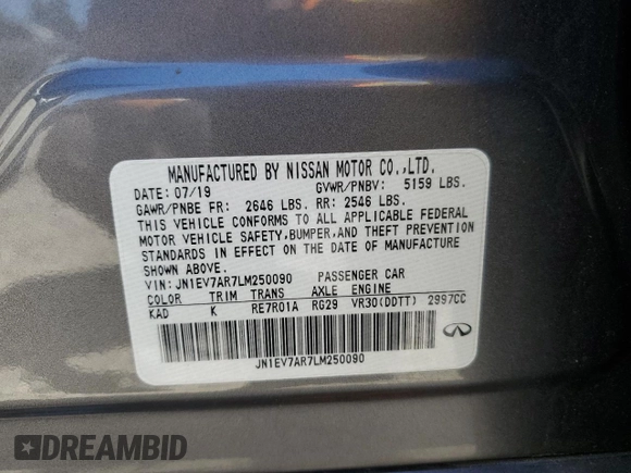 2020 Infiniti Q50 Luxe with VIN JN1EV7AR7LM250090, listed as a Copart auction lot 63420145 with 47,023 mi miles and Salvage title. Bid and sale history available at DreamBid. Image 13.