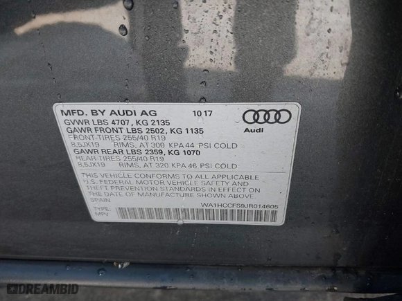 2018 Audi Q3 Premium Plus with VIN WA1HCCFS9JR014605, listed as a IAAI auction lot 41485258 with 73,062 mi miles. Bid and sale history available at carsss.com. Image 9.