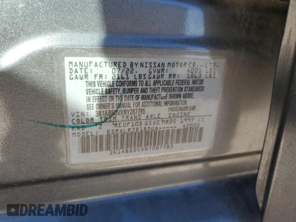 2022 Nissan Sentra SR with VIN 3N1AB8DVXNY287785, listed as a Copart auction lot 46651685 with 54,814 mi miles and Salvage Title. Bid and sale history available at carsss.com. Image 12.