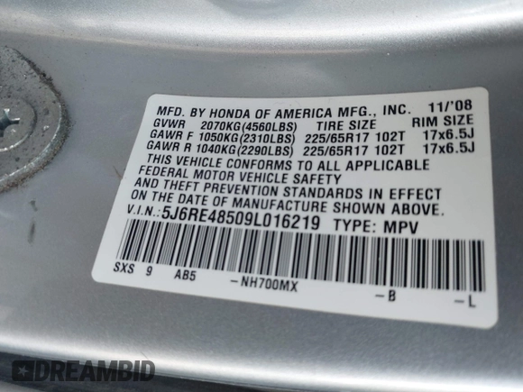 2009 Honda CR-V EX with VIN 5J6RE48509L016219, listed as a IAAI auction lot 42140799 with 155,726 mi miles and . Bid and sale history available at carsss.com. Image 9.
