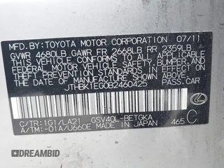 2011 Lexus ES 330 с VIN JTHBK1EG0B2460425, выставлен на аукционе IAAI как лот 42416718 с пробегом 158 708 миль миль и . История ставок и продаж доступна на DreamBid. Изображение 9.