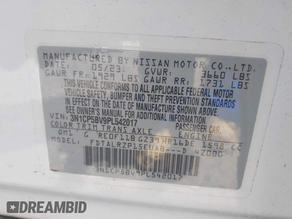 2023 Nissan Kicks S with VIN 3N1CP5BV9PL542017, listed as a IAAI auction lot 42154584 with 22,048 mi miles and . Bid and sale history available at carsss.com. Image 9.