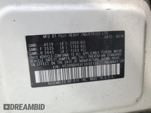 2015 Subaru Legacy with VIN 4S3BNBH6XF3030113, listed as a Copart auction lot 66285604 with 129,952 mi miles and Salvage title. Bid and sale history available at DreamBid. Image 12.