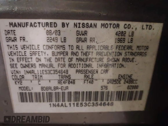 2003 Nissan Altima S with VIN 1N4AL11E53C354648, listed as a IAAI auction lot 41801992 with 172,010 mi miles. Bid and sale history available at carsss.com. Image 9.