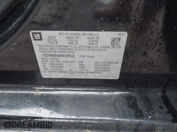 2017 Chevrolet Silverado 1500 Work Truck with VIN 1GCVKNEH0HZ356502, listed as a IAAI auction lot 41367789 with 83,819 mi miles. Bid and sale history available at carsss.com. Image 9.