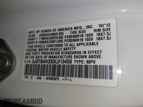 2013 Acura RDX with VIN 5J8TB4H33DL013456, listed as a IAAI auction lot 41707664 with 173,404 mi miles. Bid and sale history available at carsss.com. Image 9.