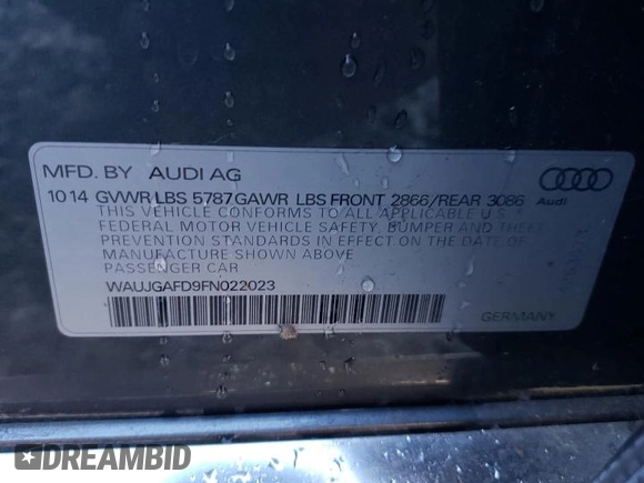 2015 Audi A8 z VIN WAUJGAFD9FN022023, wystawiony jako Copart lot #86048354 z przebiegiem Nie podano mil oraz Szkoda całkowita • Salvage title. Historia ofert i sprzedaży dostępna na DreamBid. Obrazek 12.
