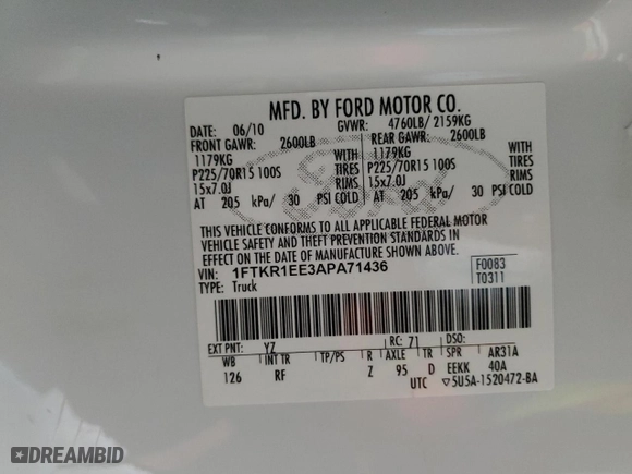 2010 Ford Ranger XL with VIN 1FTKR1EE3APA71436, listed as a Copart auction lot 42107085 with 71,772 mi miles and Salvage Title. Bid and sale history available at carsss.com. Image 12.
