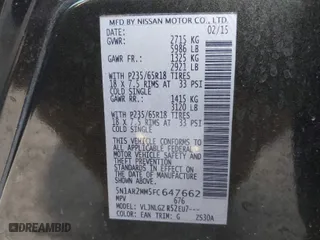 2015 Nissan Pathfinder Platinum with VIN 5N1AR2MM5FC647662, listed as a IAAI auction lot 41931427 with 97,930 mi miles. Bid and sale history available at carsss.com. Image 9.