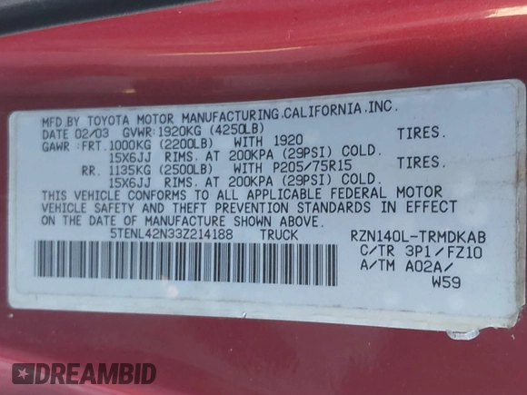 2003 Toyota Tacoma with VIN 5TENL42N33Z214188, listed as a IAAI auction lot 41435096 with 297,842 mi miles and . Bid and sale history available at DreamBid. Image 9.