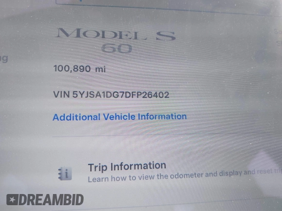 2013 Tesla Model S с VIN 5YJSA1DG7DFP26402, выставлен на аукционе IAAI как лот 42195726 с пробегом 100 890 миль миль и . История ставок и продаж доступна на DreamBid. Изображение 15.