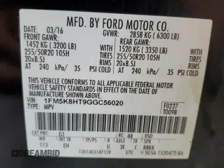 2016 Ford Explorer Platinum with VIN 1FM5K8HT9GGC56020, listed as a Copart auction lot 57025385 with 139,316 mi miles and Salvage Title. Bid and sale history available at DreamBid. Image 14.
