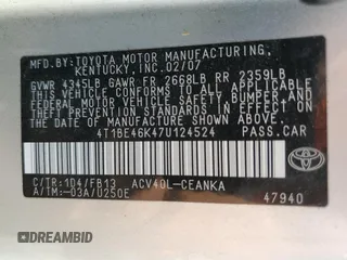 2007 Toyota Camry CE with VIN 4T1BE46K47U124524, listed as a Copart auction lot 56059515 with 139,230 mi miles and Clean Title. Bid and sale history available at DreamBid. Image 12.