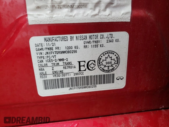 2022 Infiniti Q50 Red Sport 400 with VIN JN1FV7DR9NM390256, listed as a Copart auction lot 57094225 with 52,307 mi miles and Salvage title. Bid and sale history available at DreamBid. Image 13.