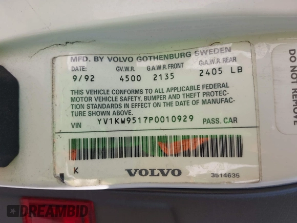 1993 Volvo 960 с VIN YV1KW9517P0010929, выставлен на аукционе IAAI как лот 42159784 с пробегом 246 735 миль миль и . История ставок и продаж доступна на DreamBid. Изображение 9.