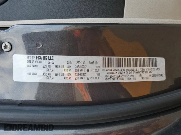 2017 Chrysler Pacifica Touring L with VIN 2C4RC1BG4HR593152, listed as a Copart auction lot 87869615 with 83,292 mi miles and Salvage Title. Bid and sale history available at DreamBid. Image 16.
