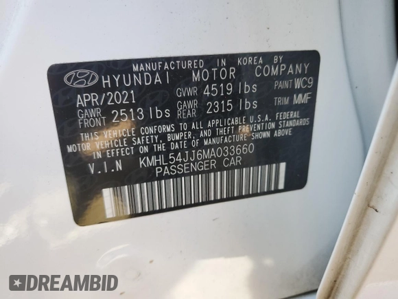 2021 Hyundai Sonata Hybrid Limited with VIN KMHL54JJ6MA033660, listed as a Copart auction lot 68064073 with 30,925 mi miles. Bid and sale history available at carsss.com. Image 13.