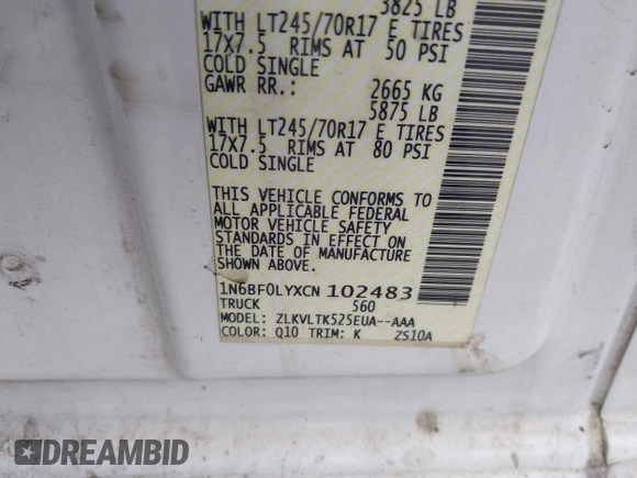2012 Nissan NV SV with VIN 1N6BF0LYXCN102483, listed as a IAAI auction lot 42185443 with 161,914 mi miles and . Bid and sale history available at DreamBid. Image 9.