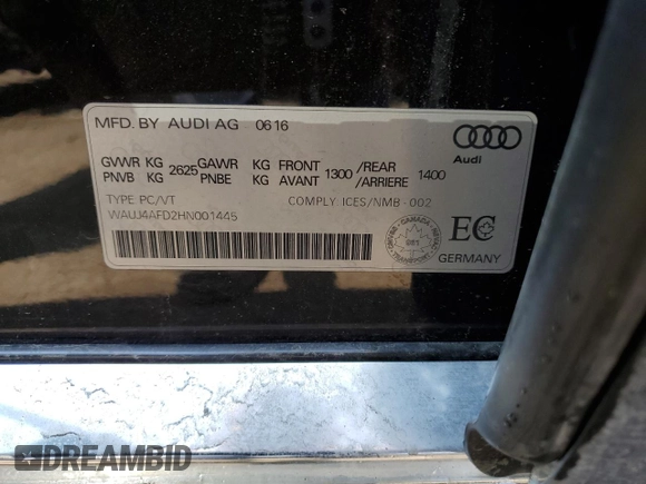 2017 Audi A8 with VIN WAUJ4AFD2HN001445, listed as a Copart auction lot 60271945 with 27,273 mi miles and Salvage title. Bid and sale history available at DreamBid. Image 12.