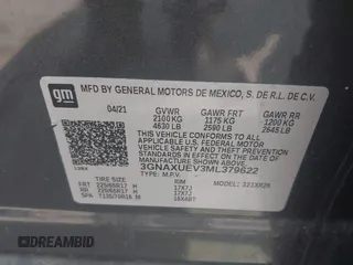 2021 Chevrolet Equinox LT with VIN 3GNAXUEV3ML379622, listed as a IAAI auction lot 42494950 with 73,382 mi miles and . Bid and sale history available at DreamBid. Image 9.