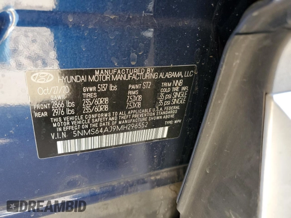 2021 Hyundai Santa Fe SEL with VIN 5NMS64AJ9MH296552, listed as a Copart auction lot 87953715 with 79,186 mi miles and Salvage Title. Bid and sale history available at carsss.com. Image 13.