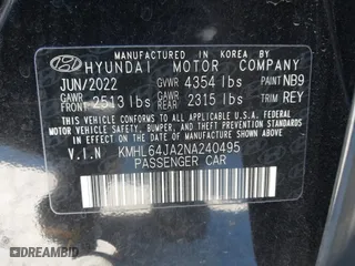 2022 Hyundai Sonata SEL with VIN KMHL64JA2NA240495, listed as a IAAI auction lot 41334055 with 41,317 mi miles. Bid and sale history available at carsss.com. Image 9.
