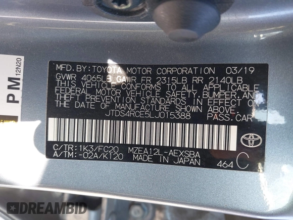 2020 Toyota Corolla SE with VIN JTDS4RCE5LJ015388, listed as a IAAI auction lot 41705544 with 87,322 mi miles and . Bid and sale history available at DreamBid. Image 9.