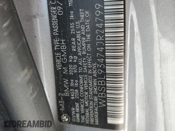 2004 BMW 3 Series M3 with VIN WBSBL93474JR24799, listed as a Copart auction lot 77037844 with Not Provided miles and Non Repairable. Bid and sale history available at DreamBid. Image 13.