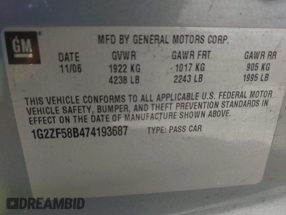 2007 Pontiac G6 1SV Value Leader with VIN 1G2ZF58B474193687, listed as a IAAI auction lot 41751844 with 185,093 mi miles. Bid and sale history available at carsss.com. Image 9.