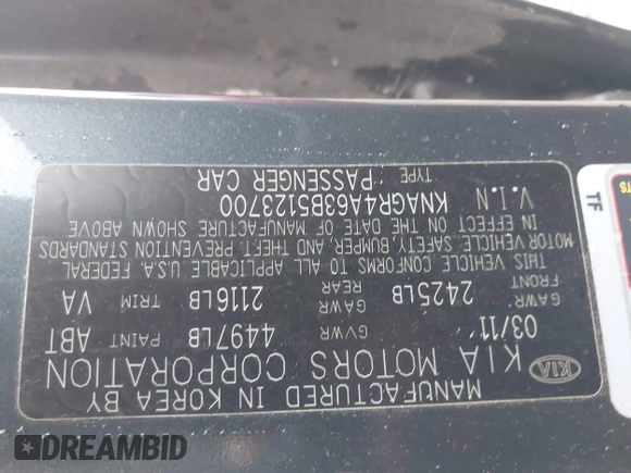 2011 Kia Optima SX z VIN KNAGR4A63B5123700, wystawiony jako IAAI lot #42405026 z przebiegiem 158 349 mil mil oraz . Historia ofert i sprzedaży dostępna na DreamBid. Obrazek 9.