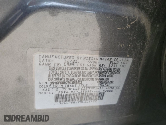 2021 Nissan Kicks S z VIN 3N1CP5BV7ML565422, wystawiony jako Copart lot #57024525 z przebiegiem 46 747 mil mil oraz Szkoda całkowita • Salvage title. Historia ofert i sprzedaży dostępna na DreamBid. Obrazek 12.