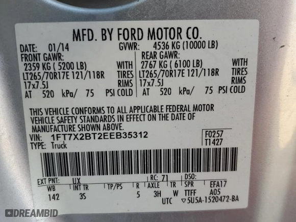 2014 Ford Super Duty F-250 SRW XLT with VIN 1FT7X2BT2EEB35312, listed as a Copart auction lot 83101704 with 0 mi miles and Salvage Title. Bid and sale history available at carsss.com. Image 13.