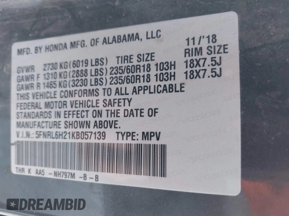 2019 Honda Odyssey LX with VIN 5FNRL6H21KB057139, listed as a IAAI auction lot 41422185 with 128,812 mi miles and . Bid and sale history available at DreamBid. Image 9.