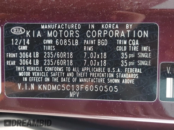 2015 Kia Sedona SX with VIN KNDMC5C13F6050505, listed as a Copart auction lot 42699575 with 119,339 mi miles and Salvage Title. Bid and sale history available at carsss.com. Image 13.