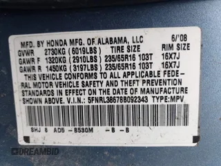 2008 Honda Odyssey EX-L with VIN 5FNRL38678B092343, listed as a IAAI auction lot 40974522 with 209,280 mi miles and . Bid and sale history available at DreamBid. Image 9.