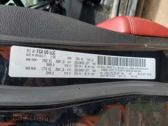 2020 Dodge Durango R/T with VIN 1C4SDJCT9LC261977, listed as a Copart auction lot 55223835 with 145,534 mi miles and Salvage title. Bid and sale history available at DreamBid. Image 13.