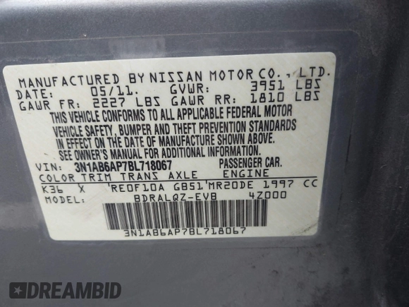 2011 Nissan Sentra 2.0 with VIN 3N1AB6AP7BL718067, listed as a IAAI auction lot 41794590 with 131,451 mi miles and . Bid and sale history available at DreamBid. Image 9.