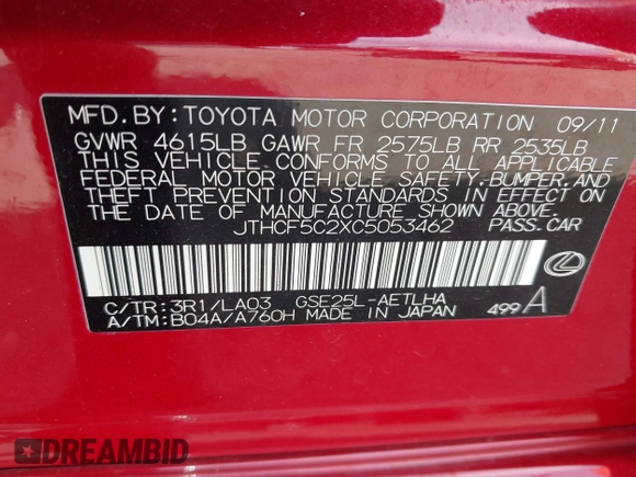 2012 Lexus IS 250 с VIN JTHCF5C2XC5053462, выставлен на аукционе IAAI как лот 42563456 с пробегом 186 705 миль миль и . История ставок и продаж доступна на DreamBid. Изображение 9.