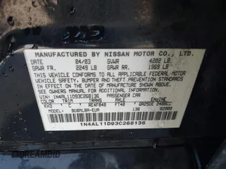 2003 Nissan Altima S with VIN 1N4AL11D93C268136, listed as a IAAI auction lot 41960386 with 181,444 mi miles. Bid and sale history available at carsss.com. Image 9.
