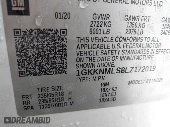 2020 GMC Acadia SLT with VIN 1GKKNMLS8LZ172019, listed as a IAAI auction lot 41820650 with 92,178 mi miles and . Bid and sale history available at DreamBid. Image 9.