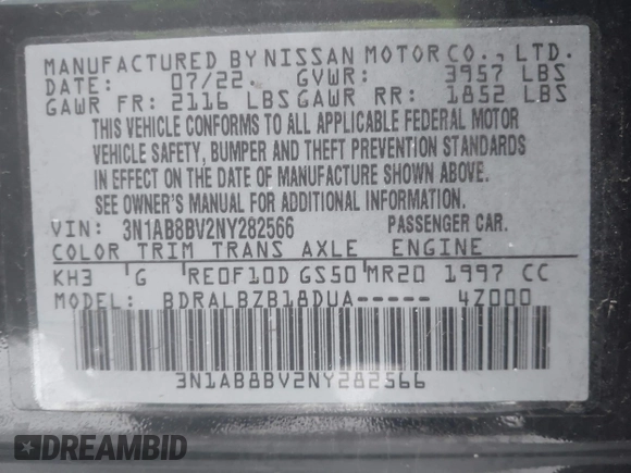 2022 Nissan Sentra S with VIN 3N1AB8BV2NY282566, listed as a IAAI auction lot 41607073 with 42,604 mi miles. Bid and sale history available at carsss.com. Image 9.