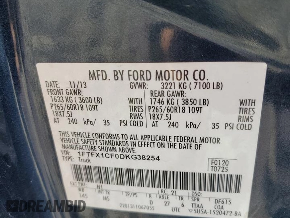 2013 Ford F-150 XL with VIN 1FTFX1CF0DKG38254, listed as a Copart auction lot 48121615 with 106,469 mi miles and Salvage Title. Bid and sale history available at carsss.com. Image 12.